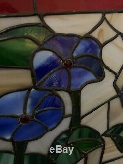 Leaded Stained Glass Window Panel 21x 34/2 Gorgeous Red & Blue Floral (READ)