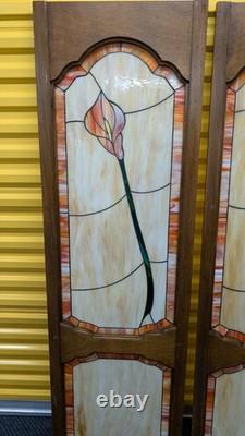 Lot of 4 vintage Tiffany Style custom made wooden door stained glass Calla Lily