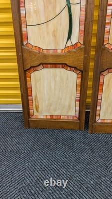 Lot of 4 vintage Tiffany Style custom made wooden door stained glass Calla Lily