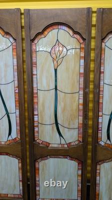 Lot of 4 vintage Tiffany Style custom made wooden door stained glass Calla Lily