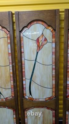 Lot of 4 vintage Tiffany Style custom made wooden door stained glass Calla Lily