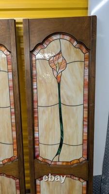 Lot of 4 vintage Tiffany Style custom made wooden door stained glass Calla Lily