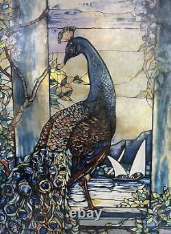 Louis C. Tiffany Peacock Stained Glass Glassmasters Hanging Panel 1990 USA