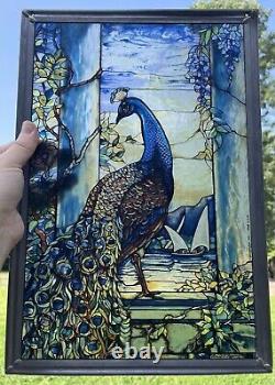 Louis C. Tiffany Peacock Stained Glass Glassmasters Hanging Panel 1990 USA