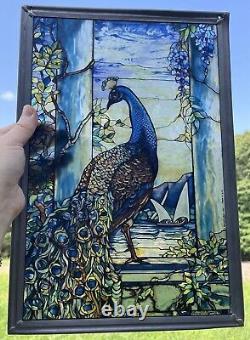 Louis C. Tiffany Peacock Stained Glass Glassmasters Hanging Panel 1990 USA