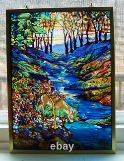 Louis Tiffany Stained Glass Window Suncatcher Forest Deer Guild Panel With Chain