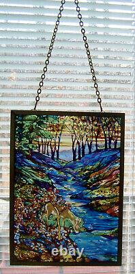 Louis Tiffany Stained Glass Window Suncatcher Forest Deer Guild Panel With Chain