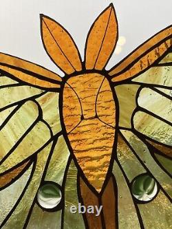 Luna Silk Moth Stained Glass Window Panel Large Suncatcher Handcrafted Usa