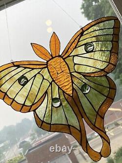 Luna Silk Moth Stained Glass Window Panel Large Suncatcher Handcrafted Usa