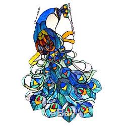 MAGNIFICENT TIFFANY PEACOCK 25 STAINED GLASS WINDOW PANEL Regal Suncatcher