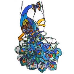 MAGNIFICENT TIFFANY PEACOCK 25 STAINED GLASS WINDOW PANEL Regal Suncatcher