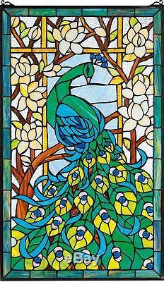 MAJESTIC PEACOCK HAND-CRAFTED MAGNOLIAS LOTUS 23x35 STAINED GLASS WINDOW PANEL