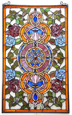 MANDALA LOTUS BLOSSOM 20x32 ROSES RED BLUE FLORAL STAINED GLASS WINDOW PANEL