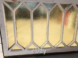 MID CENTURY STAINED GLASS WINDOW AMBER 36x24 16 PANEL WOOD FRAME BEAUTY RARE