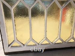 MID CENTURY STAINED GLASS WINDOW AMBER 36x24 16 PANEL WOOD FRAME BEAUTY RARE