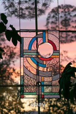 MOON RISE Frank Lloyd Wright Insprd Tiffany Style Stained Glass Window 21x12 In