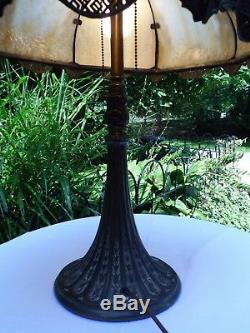 Magnificent Antique Panel Slag Stained Glass Table Double Lamp Shade with Base