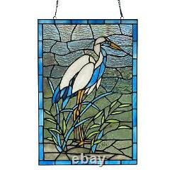 Majestic Crane Tiffany Style Stained Glass Window Panel Suncatcher 12in x 18in