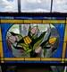Margot L. Cady 1985 stained glass panel pastel tulips blue and yellow frame