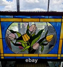 Margot L. Cady 1985 stained glass panel pastel tulips blue and yellow frame