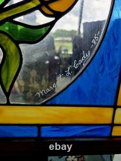 Margot L. Cady 1985 stained glass panel pastel tulips blue and yellow frame