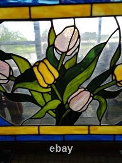 Margot L. Cady 1985 stained glass panel pastel tulips blue and yellow frame