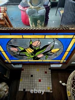 Margot L. Cady 1985 stained glass panel pastel tulips blue and yellow frame