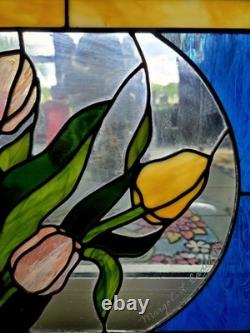 Margot L. Cady 1985 stained glass panel pastel tulips blue and yellow frame