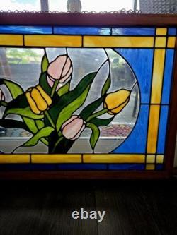 Margot L. Cady 1985 stained glass panel pastel tulips blue and yellow frame