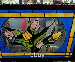 Margot L. Cady 1985 stained glass panel pastel tulips blue and yellow frame