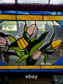 Margot L. Cady 1985 stained glass panel pastel tulips blue and yellow frame