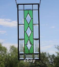 Medium Green Beveled Stained Glass Window Panel, ? 19 1/2 X 7 1/2