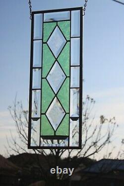 Medium Green Beveles Stained Glass Window Panel, ? 19 1/2 X 7 1/2