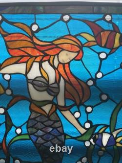 Mermaid & Fish Stained Glass Window Panel -Tiffany Style Glass Hanging Art 18x25