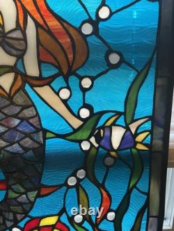 Mermaid & Fish Stained Glass Window Panel -Tiffany Style Glass Hanging Art 18x25