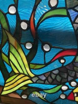 Mermaid & Fish Stained Glass Window Panel -Tiffany Style Glass Hanging Art 18x25