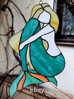 Mermaid Stained Glass Suncatcher Ocean Window Panel Beach Wall Decor