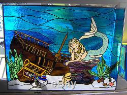Mermaid with Sunken Pirate Ship Stained Glass Window Panel EBSQ Artist
