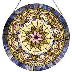 Metal Round Window Glass Panel With Hanging Chain, Multicolor