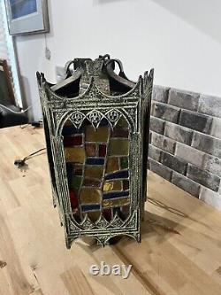 Midcentury Gothic Revival Swag or Hanging Light with Stained Glass Panels