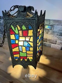 Midcentury Gothic Revival Swag or Hanging Light with Stained Glass Panels
