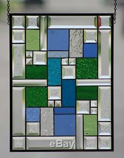 Modern Geometric Beveled Stained Glass Window Panel, Hanging, Blue, Green, Clear