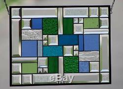Modern Geometric Beveled Stained Glass Window Panel, Hanging, Blue, Green, Clear