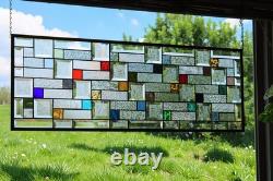 Modern Geometric Stained Glass Panel 39.5 x 14 Frosted Bevels, Clear