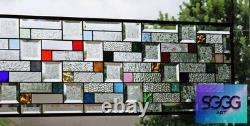 Modern Geometric Stained Glass Panel 39.5 x 14 Frosted Bevels, Clear