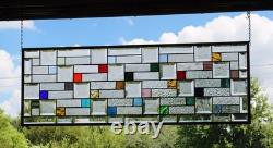 Modern Geometric Stained Glass Panel 39.5 x 14 Frosted Bevels, Clear