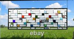 Modern Geometric Stained Glass Panel 39.5 x 14 Frosted Bevels, Clear