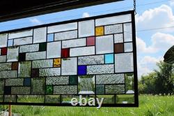 Modern Geometric Stained Glass Panel 39.5 x 14 Frosted Bevels, Clear