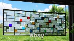 Modern Geometric Stained Glass Panel 39.5 x 14 Frosted Bevels, Clear