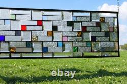 Modern Geometric Stained Glass Panel 39.5 x 14 Frosted Bevels, Clear